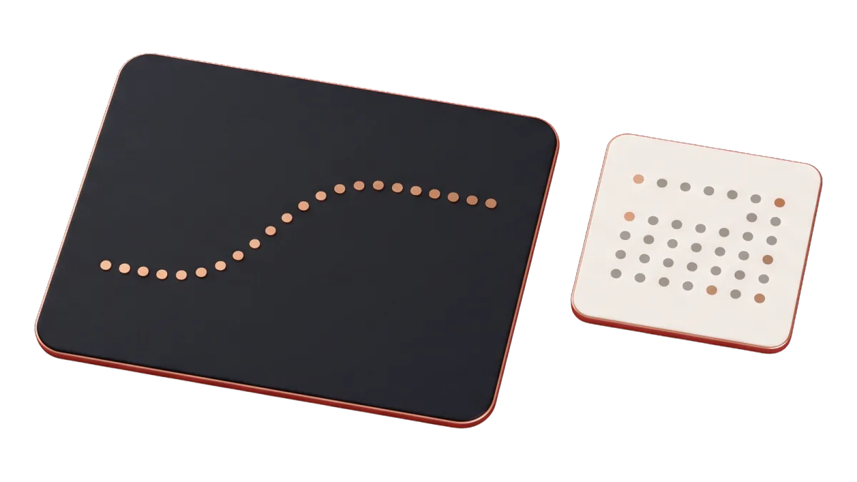 A dark board with a dotted copper trend line beside a pale card with a grid of dots